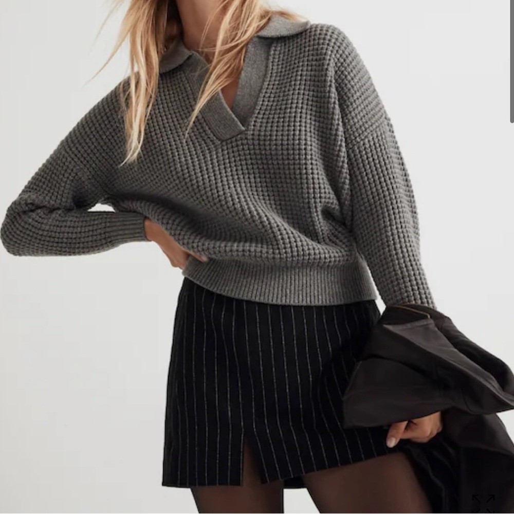 Madewell Waffle-Knit Henley Sweater in Heather Lead Size Small